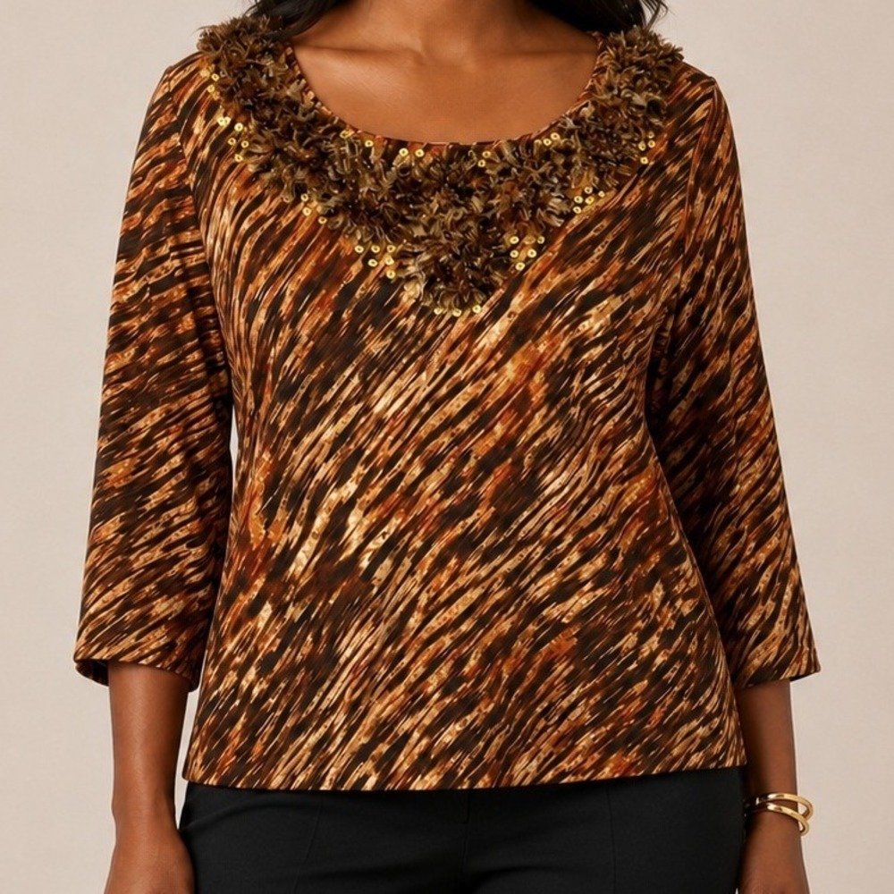 Ruby Rd Womens Brown Abstract Animal Print 3/4 Sleeve Sequin Fringe V-Neck Top M